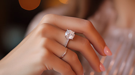 a woman wearing a diamond engagement ring.の素材