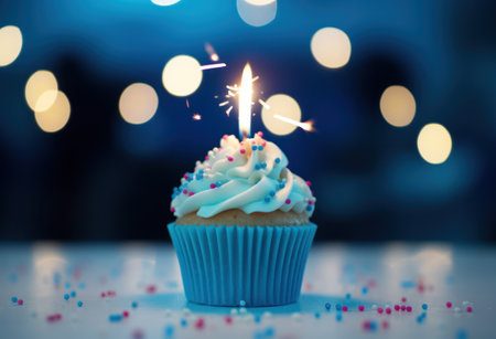 cupcake candle shot in blue.の素材