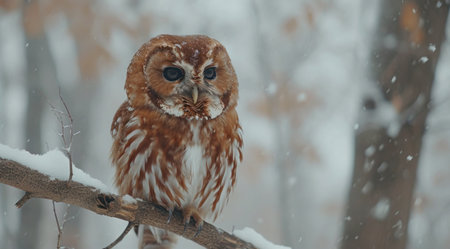 a brown owl perched on a branch in the snow.の素材