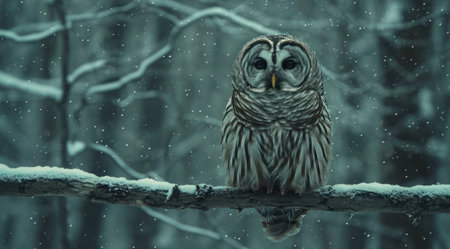 a brown owl perched on a branch in the snow.の素材