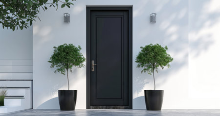 a black entry door with white plants.の素材