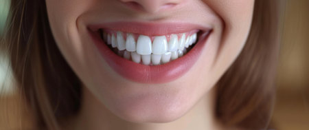 a woman smiles showing a bright white teeth.の素材