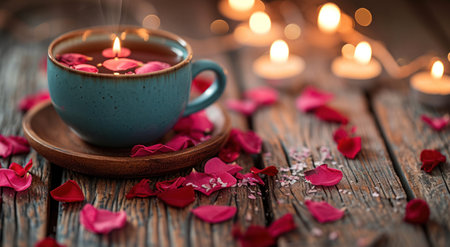 a cup of tea with rose petals and candles on a wooden table.の素材