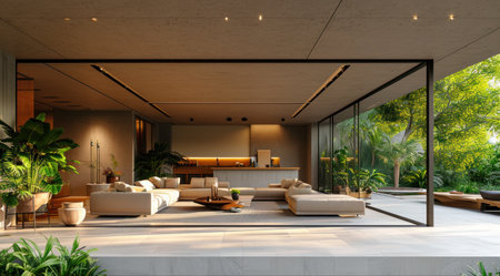 a modern living room sitting between two large glass doors.の素材