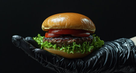grilled hamburger in a black disposable glove.の素材
