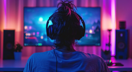 a person wearing headphones is sitting at a desk.の素材