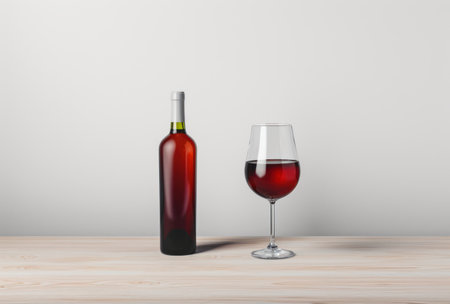 a glass with red wine and a bottle against white background.の素材