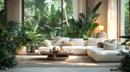 a living interior with white sofa and coffee table.の素材