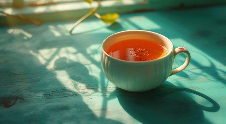 a pot of orange tea sitting on a green table.の素材