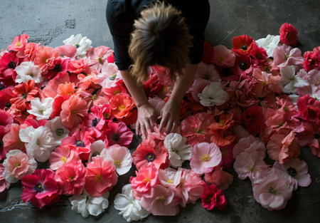a person laying out flowers on the floor.の素材