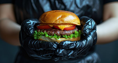 a person hands a burger wrapped in black plastic gloves.の素材