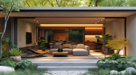a modern living room sitting between two large glass doors.の素材