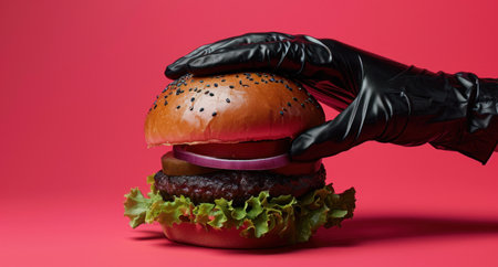 hand holding black vinyl gloves with a black hamburger.の素材