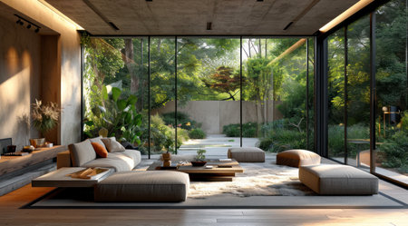 a modern living room sitting between two large glass doors.の素材