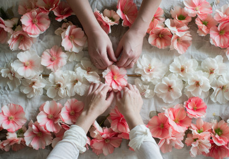 a person laying out flowers on the floor.の素材