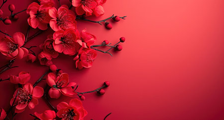 a branch with several red branches on red background.の素材