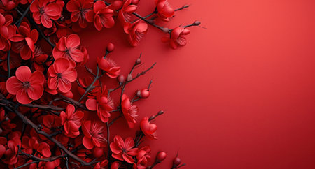 a branch with several red branches on red background.の素材