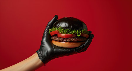 hand holding black vinyl gloves with a black hamburger.の素材