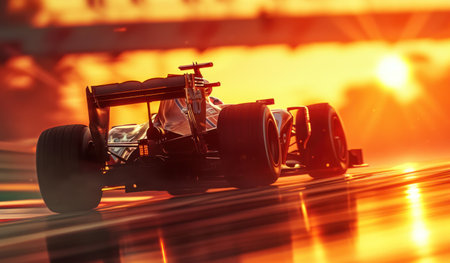 a racing car driving in the shadow of the race course at sunset.の素材