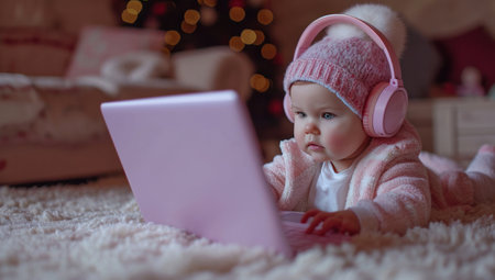 a pink and purple laptop is being used by a toddler next to a pair of headphones.の素材