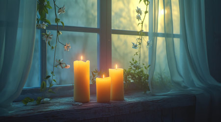 candles near a window in a room with curtains.の素材