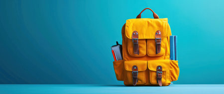 a school backpack filled with school related materials.の素材