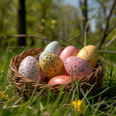 baskets of colorful eggs in baskets on grass in summer.の素材
