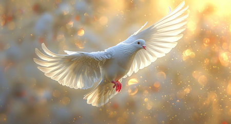a white dove flying through the sky against a bright background.の素材