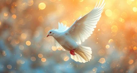 a white dove flying through the sky against a bright background.の素材