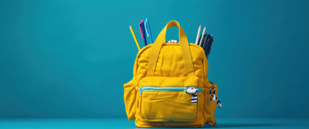 an outfit includes school supplies in the back of yellow backpack.の素材
