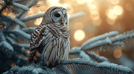 a spruce barred owl is perched on a pine tree branch.の素材