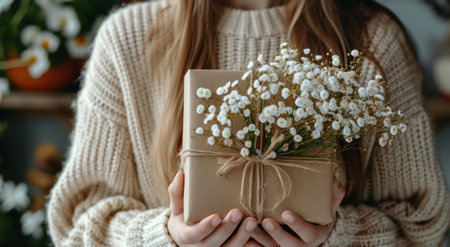 a woman presents a gift out of a gift box.の素材