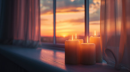 candles near a window in a room with curtains.の素材
