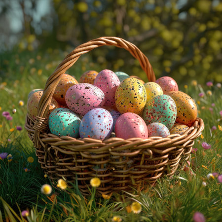 baskets of colorful eggs in baskets on grass in summer.の素材