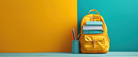 a school backpack filled with school related materials.の素材