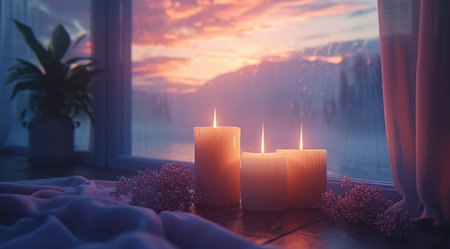candles near a window in a room with curtains.の素材