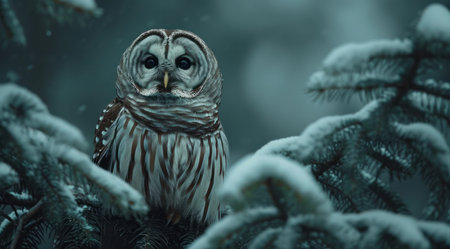 a spruce barred owl is perched on a pine tree branch.の素材