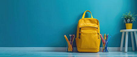 an outfit includes school supplies in the back of yellow backpack.の素材