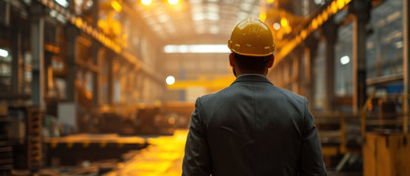 businessman looking at machinery in an industry factory.の素材