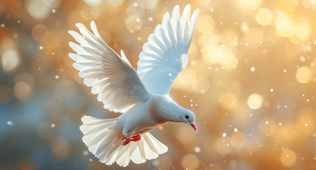 a white dove flying through the sky against a bright background.の素材