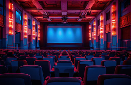 an empty theater with a screen and chairs.の素材