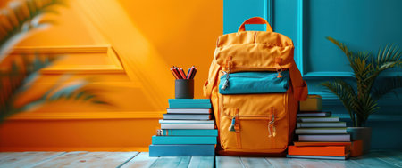 a school backpack filled with school related materials.の素材