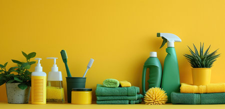 cleaning supplies on a yellow background.の素材