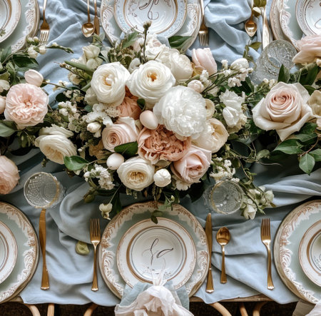 easter table setting with blue and white table cloths and centerpieces.の素材