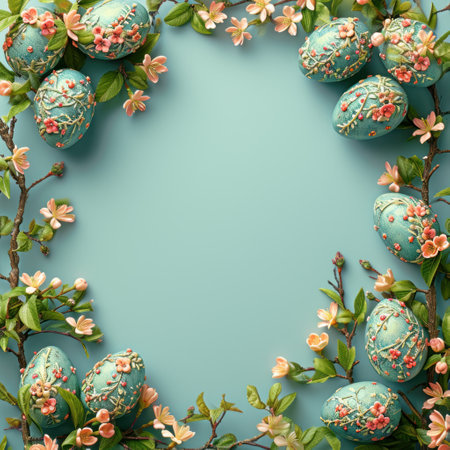 easter eggs with flowers and branches on dark blue background,.の素材