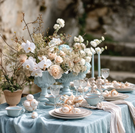 easter table setting with blue and white table cloths and centerpieces.の素材
