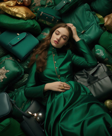 christmas campaign the woman is lying on a mattress full of lots of purses.の素材