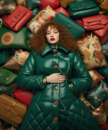 christmas campaign the woman is lying on a mattress full of lots of purses.の素材