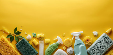 cleaning supplies on a yellow background.の素材