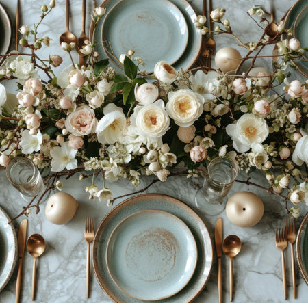 easter table setting with flowers and plates.の素材